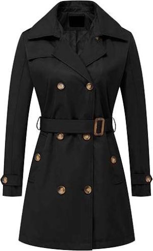 Chrisuno Women's Double Breasted Trench Coats Mid-Length Belted Overcoat Long Dress Jacket with Detachable Hood